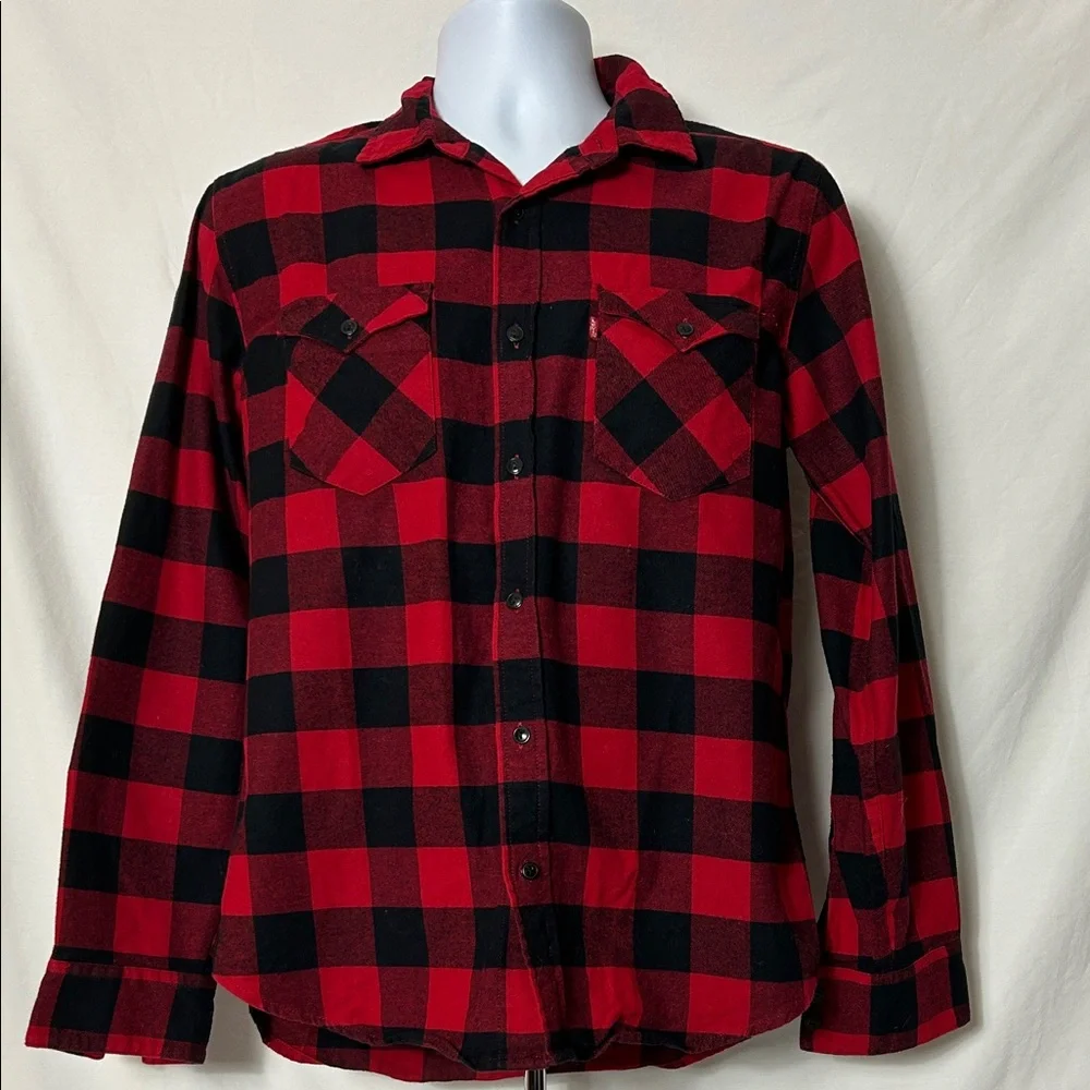 Levi’s Men’s Small Red Black Checkered Long Sleeve Button Front Thick Flannel